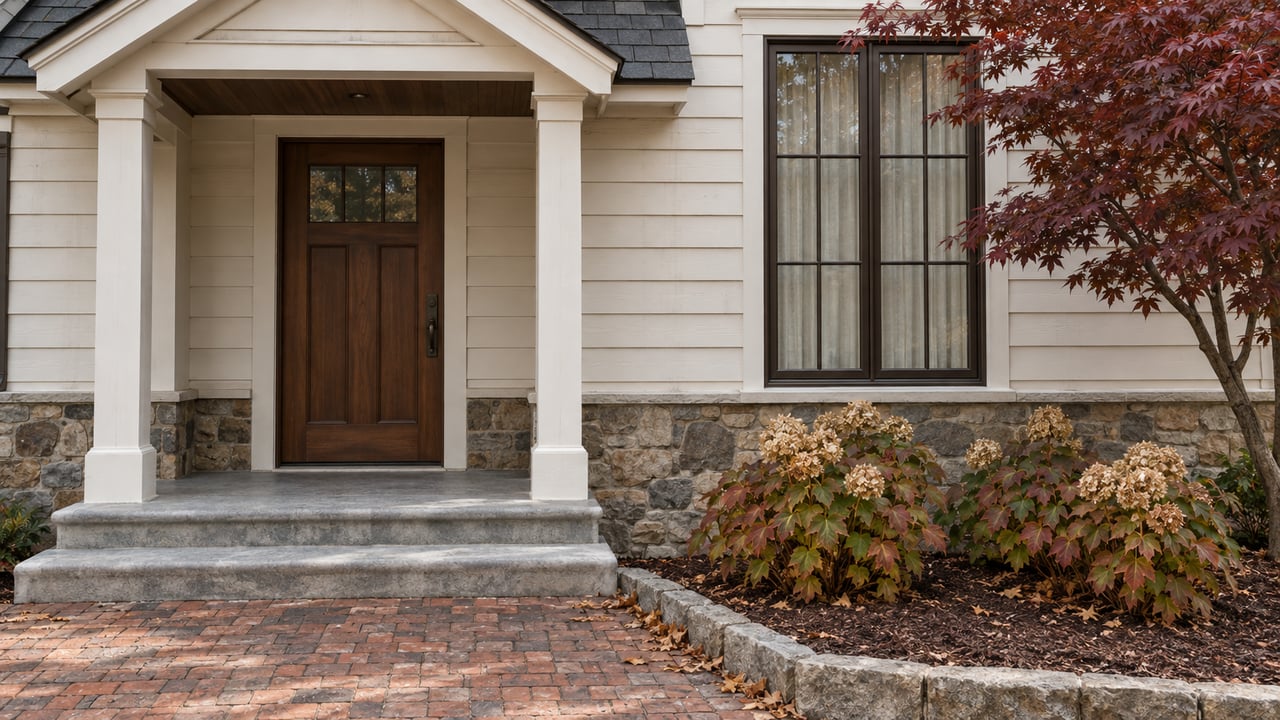 Elevated close view of an ivory-sided home's covered walnut entry, limestone steps, fieldstone foundation and autumn planting.