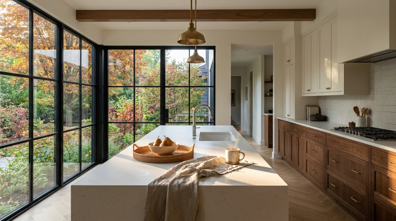Custom kitchen with a quartz island, brass pendants, and walnut cabinets overlooking an autumn garden.