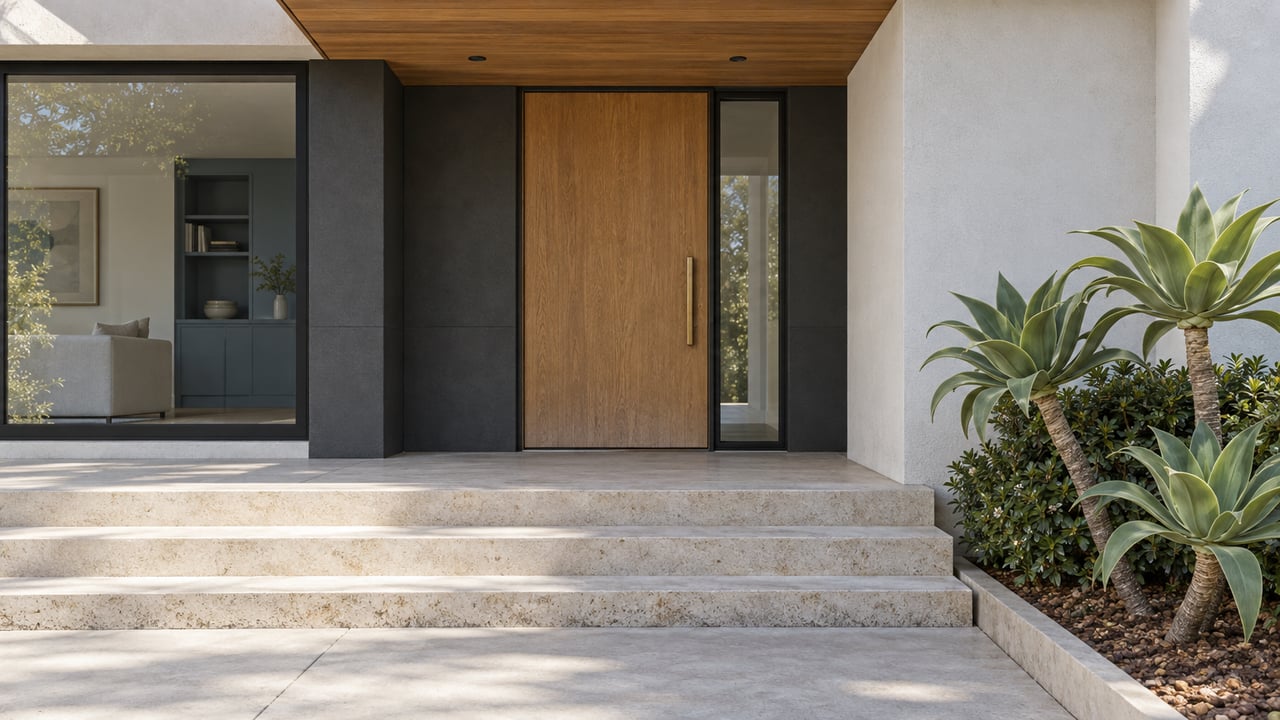 Sunlit contemporary home entrance with an oak door, white stucco, wood soffit, pale stone steps and sculptural aloe planting.