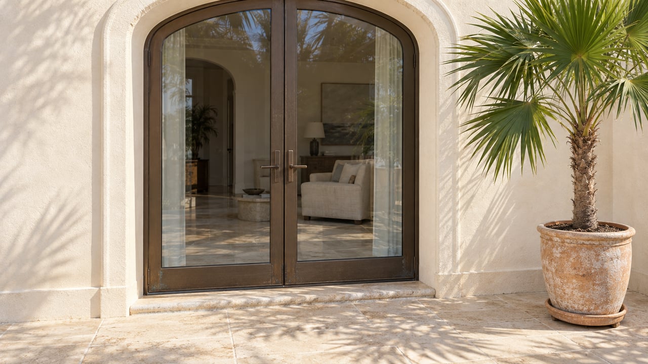 Sunlit limestone residential terrace beside an ivory stucco arch and bronze-framed glass doors, with a single potted fan palm.
