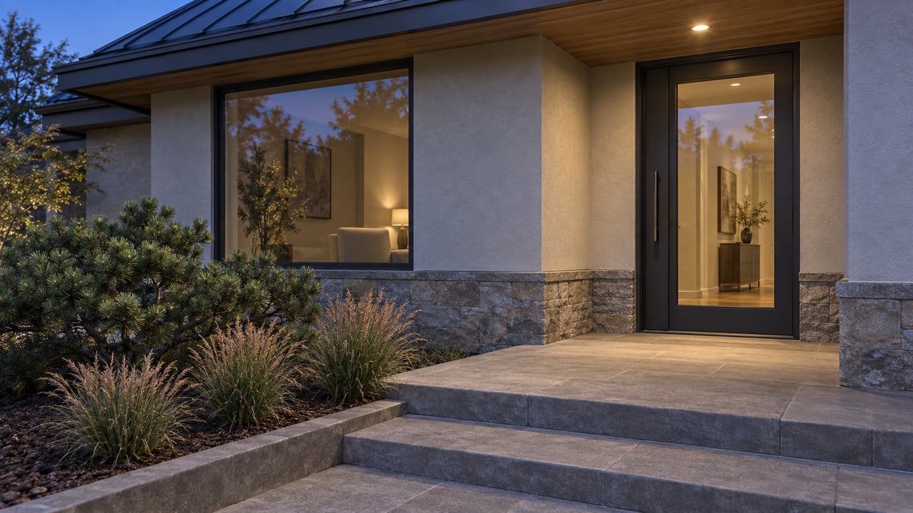 Modern home entrance with a glass front door, stone facade, and broad steps at dusk.