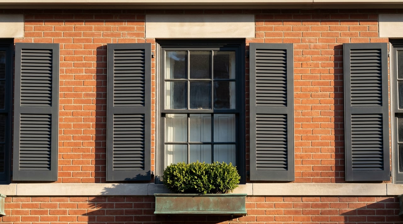 Charcoal six-over-six sash window with matching louvered shutters and a copper box of clipped boxwood on a red brick facade.