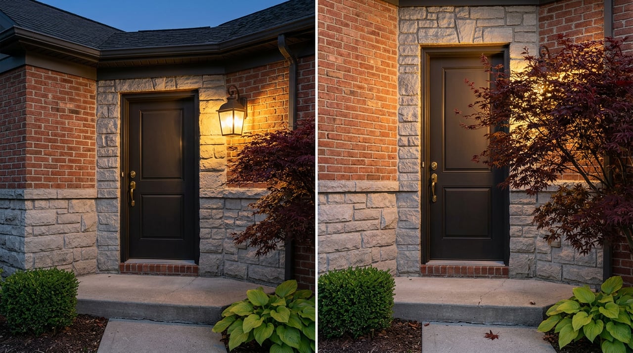 Recessed dark door framed by stone and brick, with a glowing bronze lantern and red Japanese maple leaves.