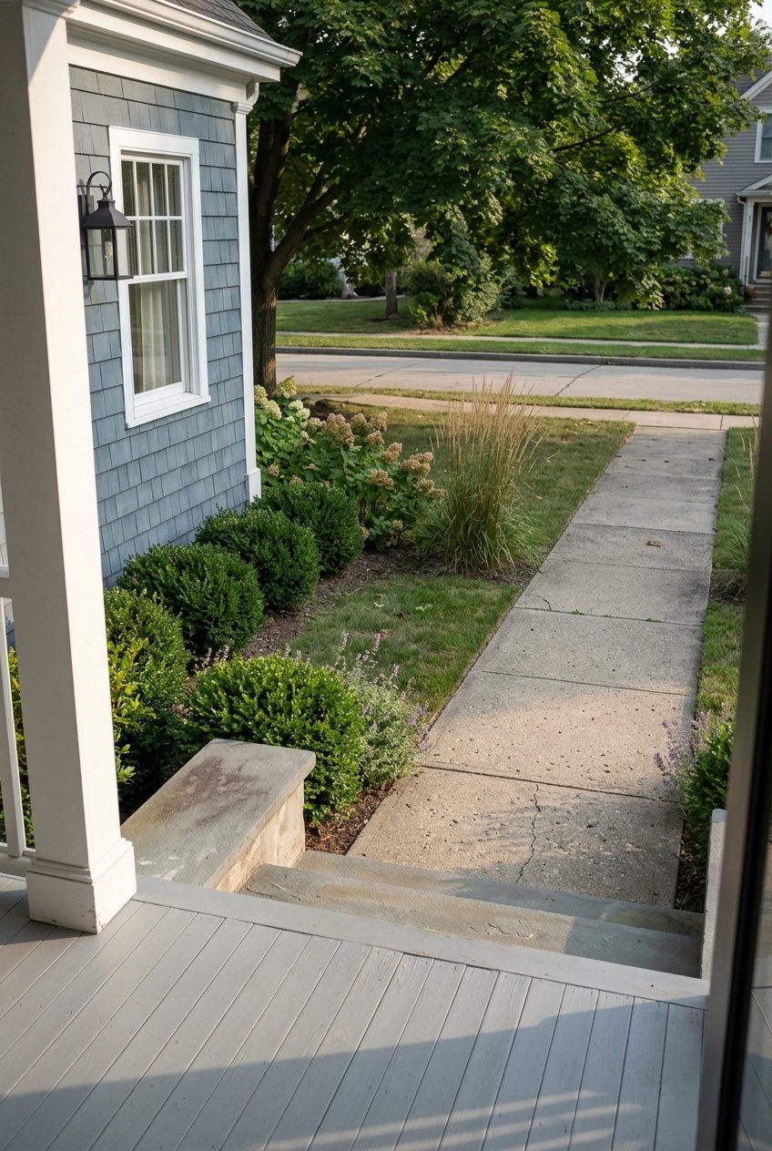 Bluestone porch steps lead down to a clean sidewalk beneath a leafy canopy.