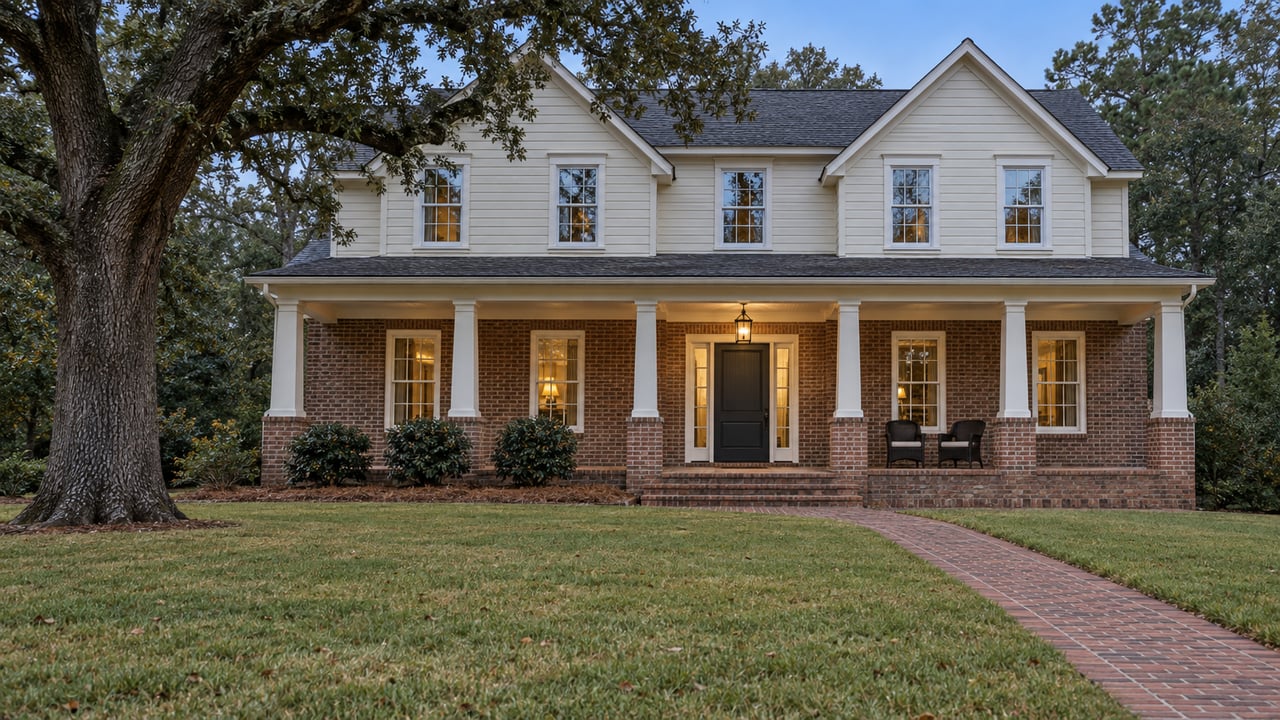 A brick and ivory-clapboard home with a sheltered front porch, broad lawn and mature live oak in soft evening light.