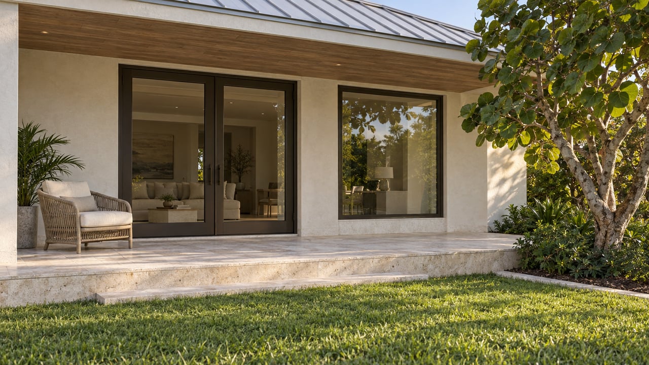 Sunlit limestone terrace beside an ivory-rendered home, with bronze-framed glass doors, a woven chair and a sculptural sea grape tree.
