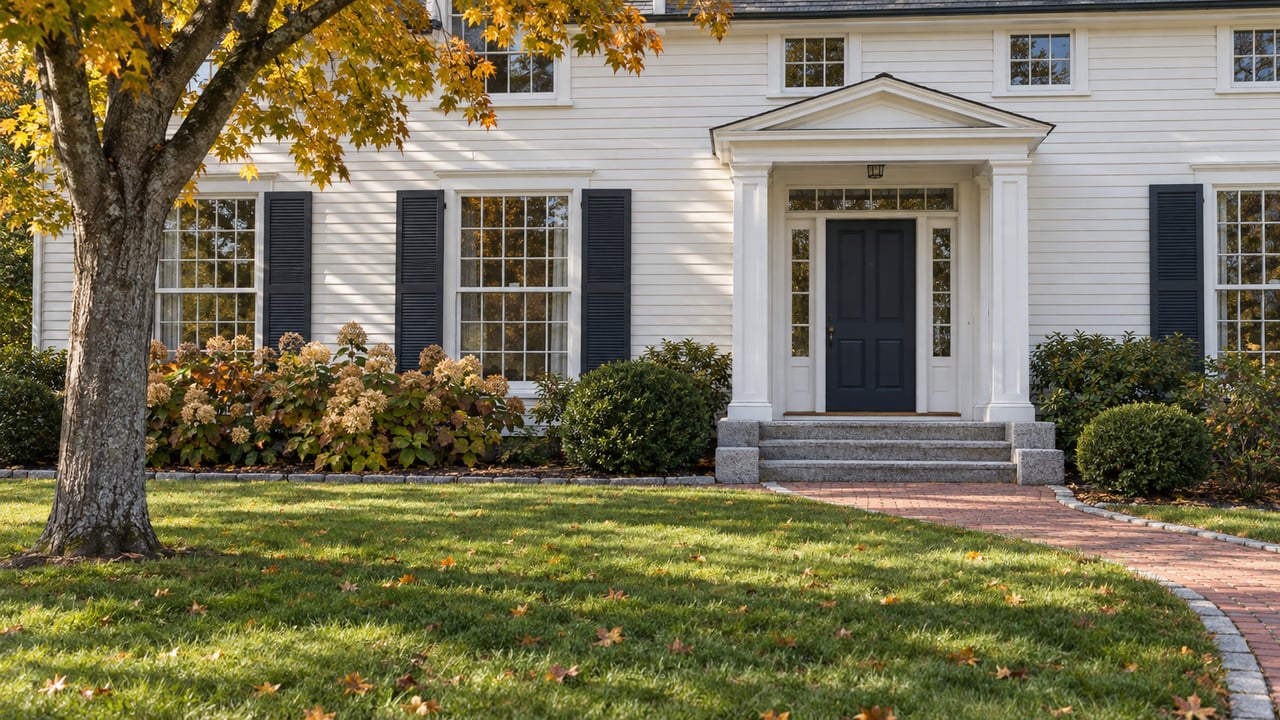 Ivory clapboard home with a navy entry, granite steps, brick walk and deep autumn lawn beneath a mature sugar maple.