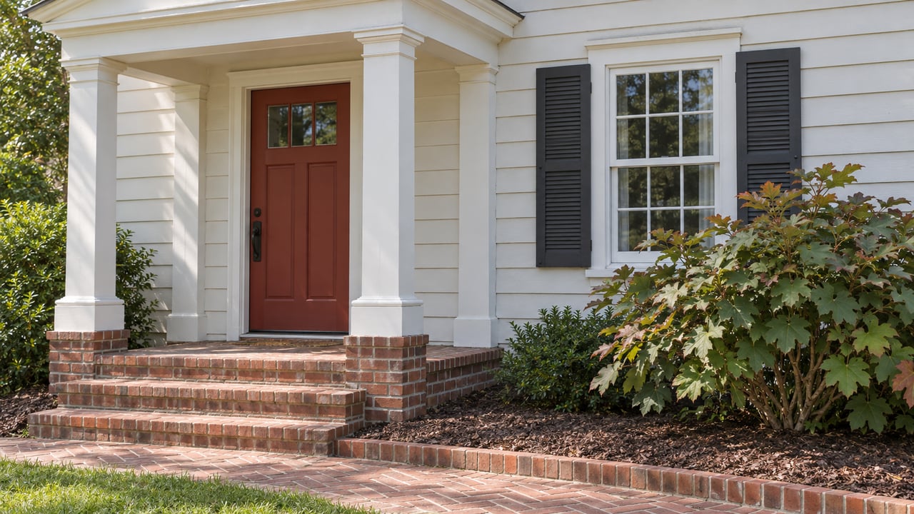Warm-white cottage entry with a muted-red door, square porch columns, brick steps and an oakleaf hydrangea beside a shuttered window.