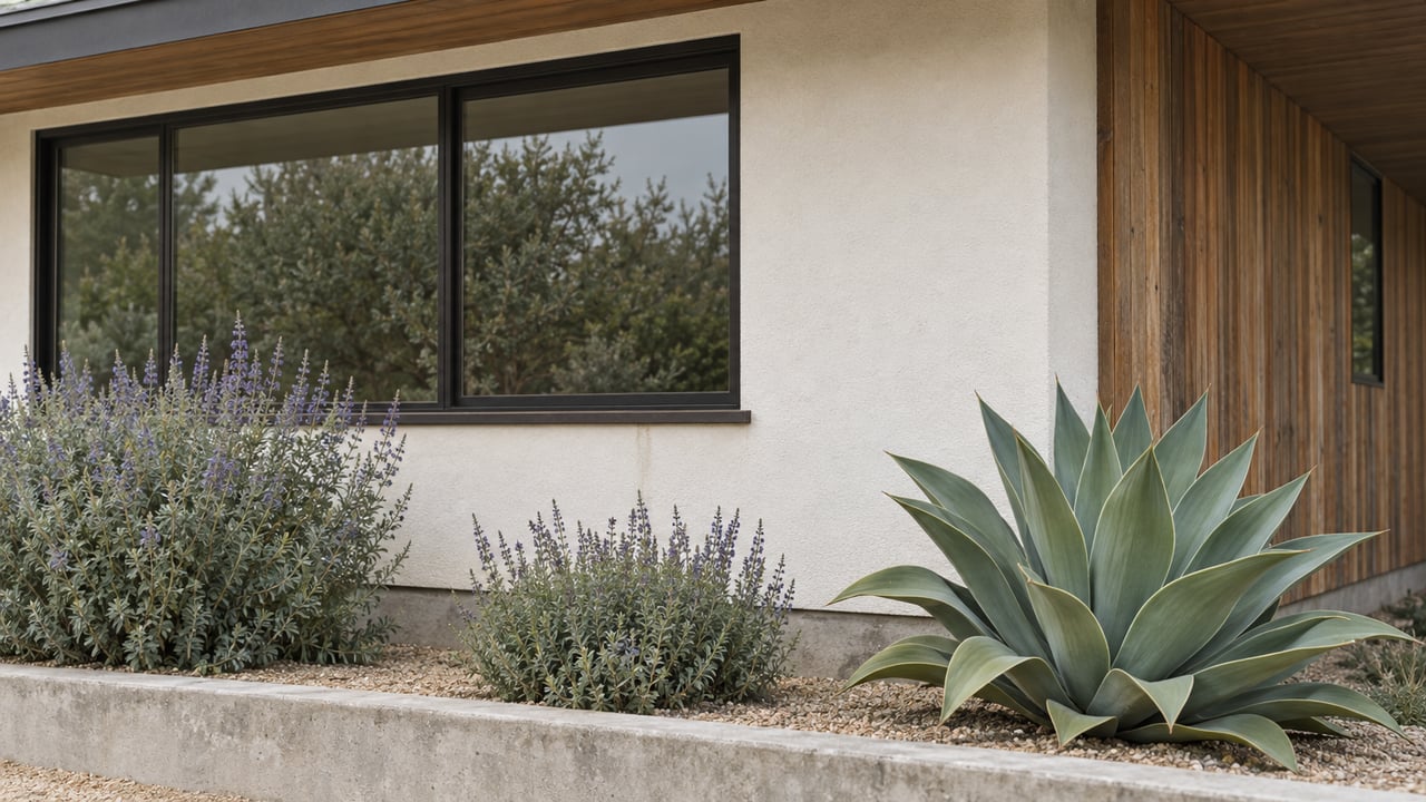 Warm-white stucco facade with a broad black-framed window, cedar return wall, and agave and sage in a raised bed.