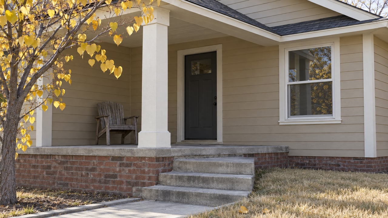 Morning light on a modest beige clapboard house with a shaded front porch, brick base, concrete steps and yellow redbud leaves.