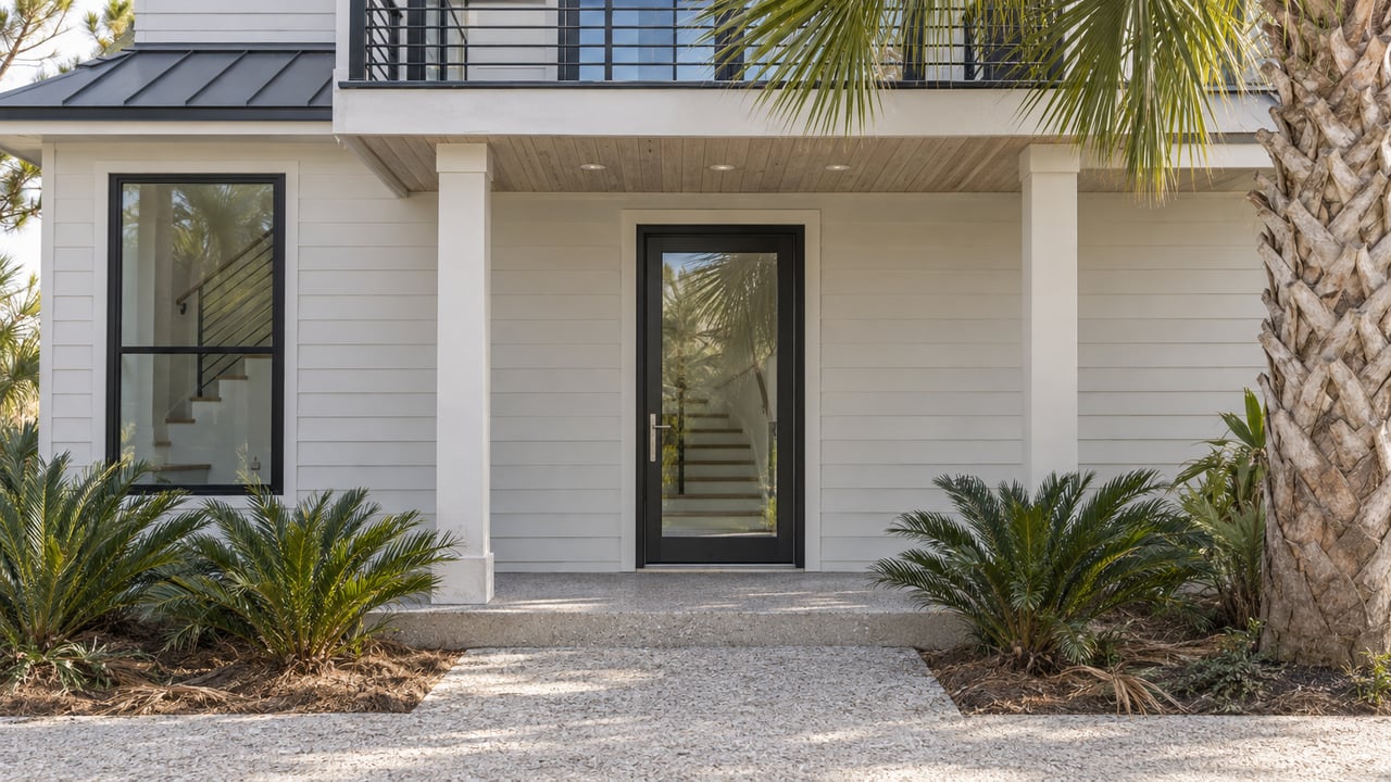 Elevated coastal home with a glazed entry, upper balcony, shell-aggregate path, and palmettos.