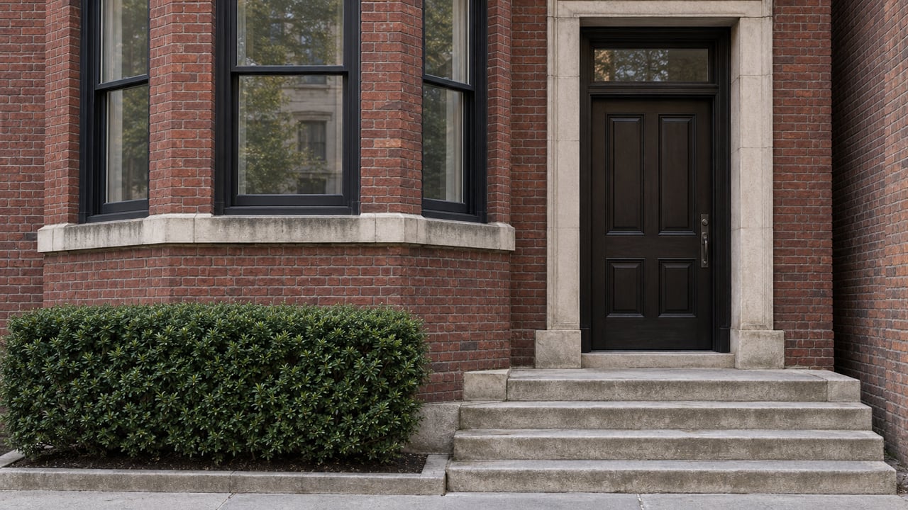 Oxblood brick townhouse with three black-framed windows, a dark entry door, worn limestone steps, and a clipped yew.