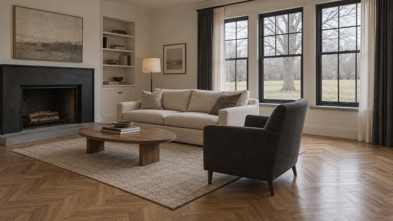 Quiet living room with oak herringbone flooring, cream seating, a black linear fireplace and tall mullioned windows overlooking a winter lawn.