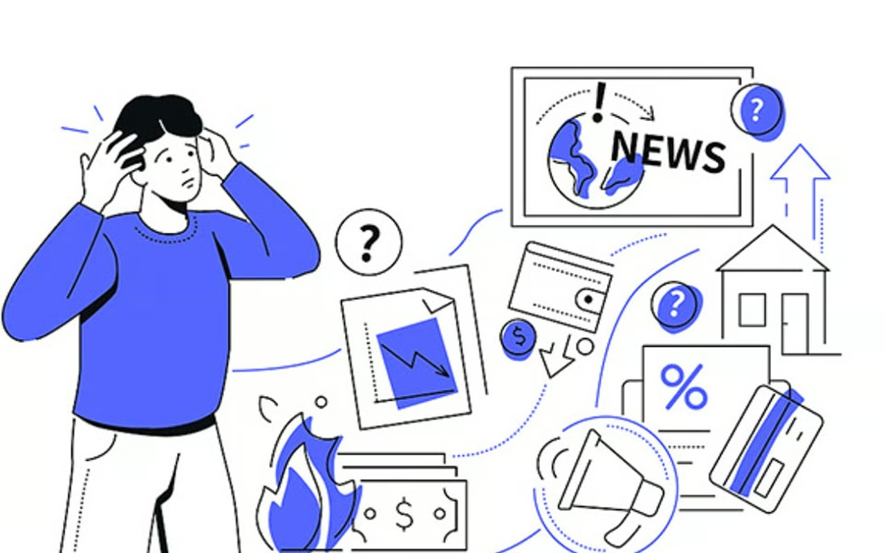 Worried person faces housing market headlines, a falling chart, and financial symbols.