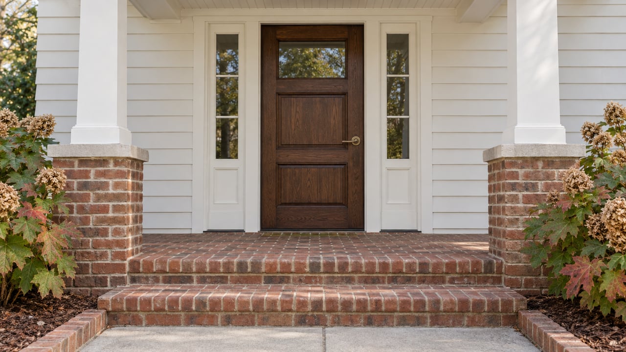 Close view of a warm white clapboard home's oak front door, paired sidelights, brick porch steps, and autumn oakleaf hydrangeas.