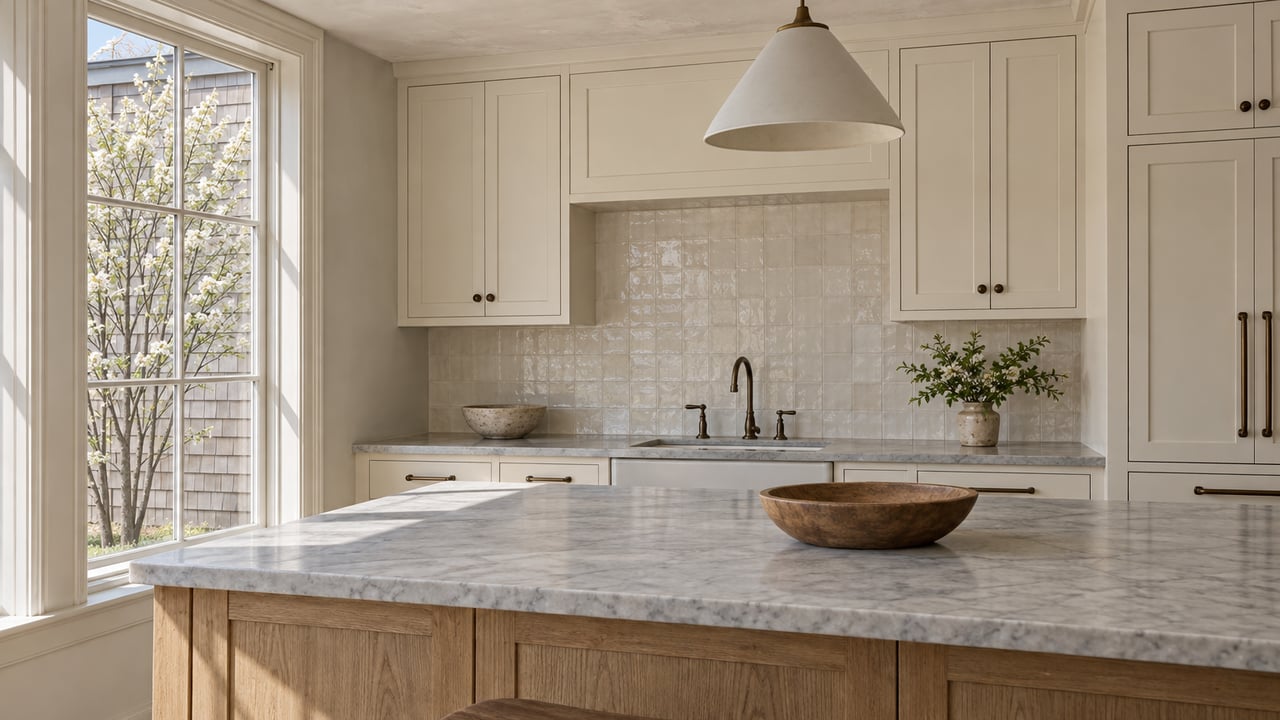 Kitchen with ivory cabinets, marble counters, a central sink, and a shingled exterior visible through the window.