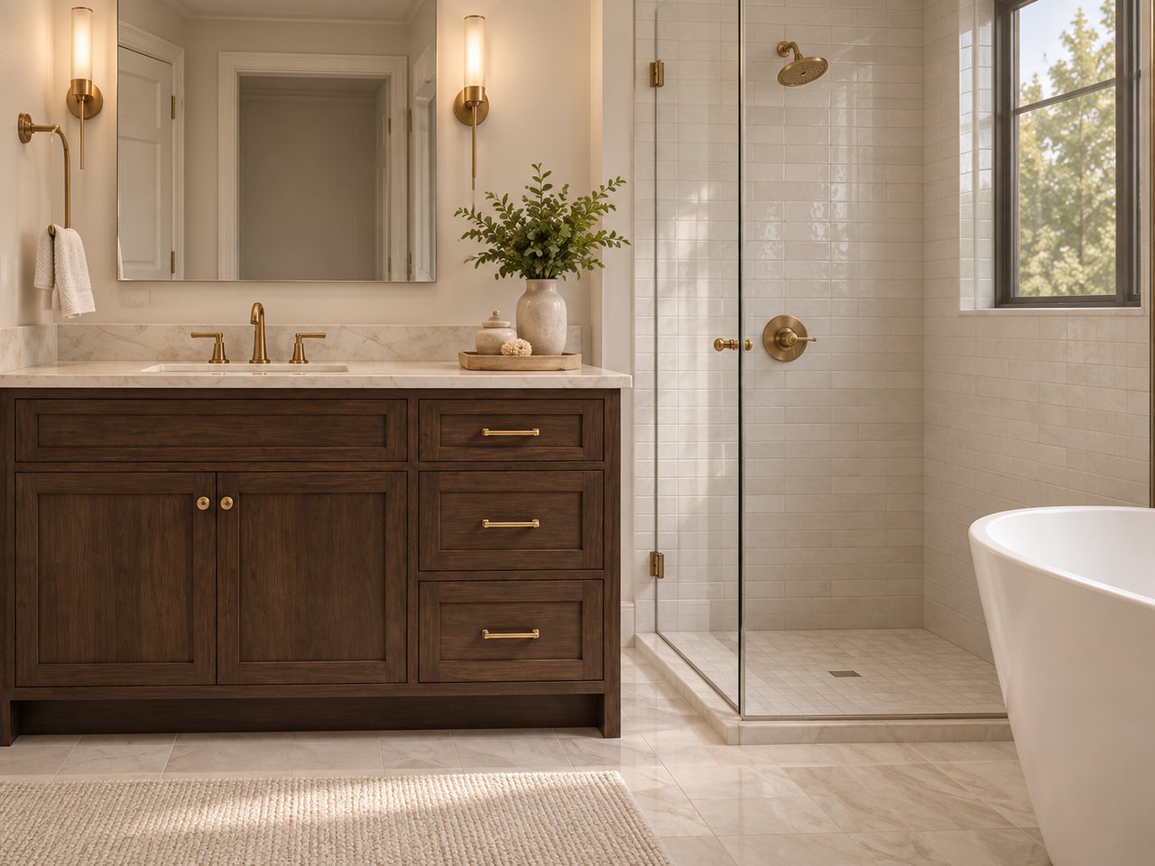 Bathroom with a dark wood vanity, brass fixtures, tiled glass shower, and freestanding tub.