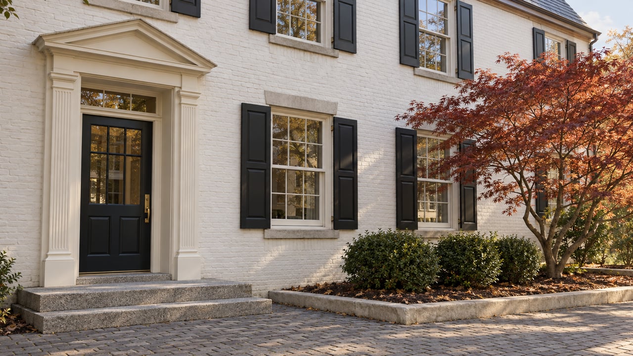 White-painted brick residential facade with divided-light windows, black shutters, a classical entry and a red-leaved Japanese maple beside granite steps.