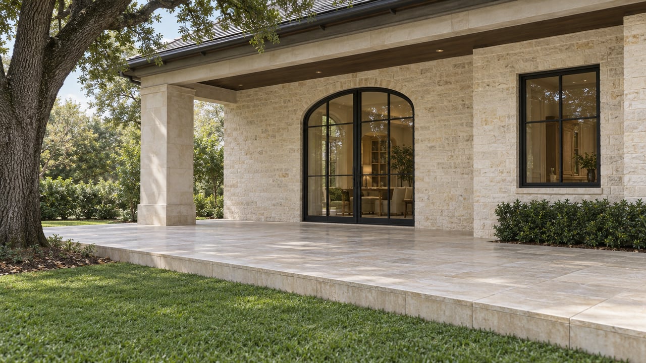 Buff brick terrace with an arched glass door, limestone steps, lawn, and mature live oak.
