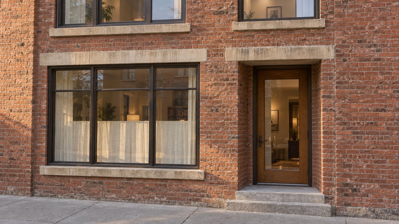 Warm afternoon light grazes a red-brick residential facade with tall windows, an oak entry door, and a worn limestone step.