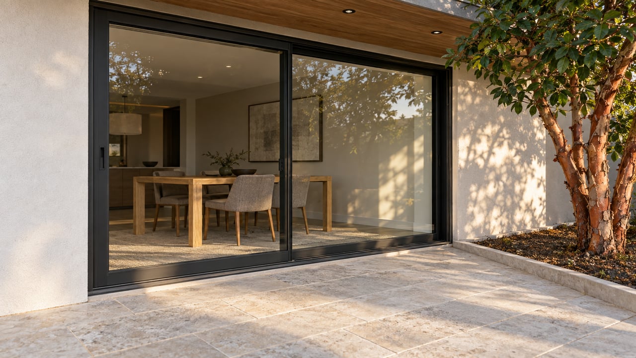 Black-framed sliding glass doors open onto a limestone terrace beside a small strawberry tree.