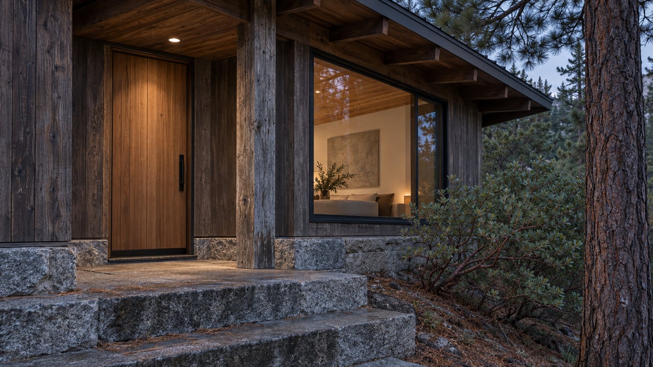 Timber-and-stone home entry with a cedar door, granite steps, and a warm-lit window beneath pine branches.