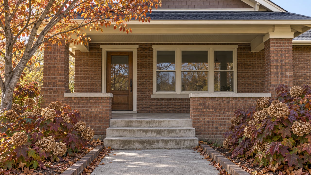Autumn sunlight on an aged brick bungalow porch, oak entry door, and concrete path bordered by oakleaf hydrangeas.