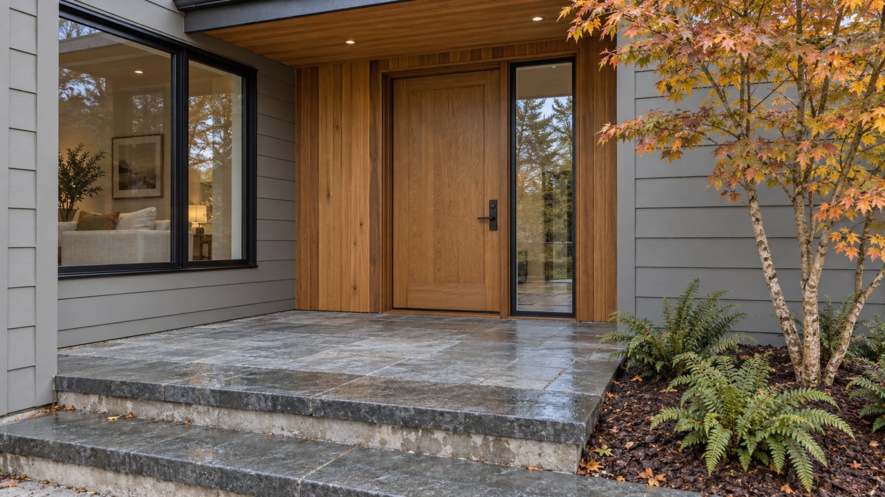 Covered home entrance with an oak door, cedar soffit, damp bluestone steps and an amber-leaved vine maple.