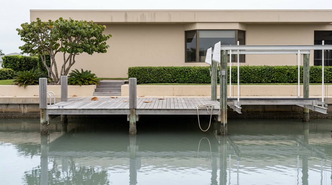 Private dock with an empty boat lift and concrete pilings, canal water in front and a stucco home beyond.