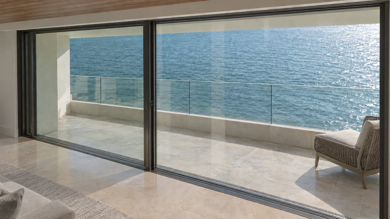 A woven chair beside a floor-to-ceiling glass panel, with water visible beyond the balcony.