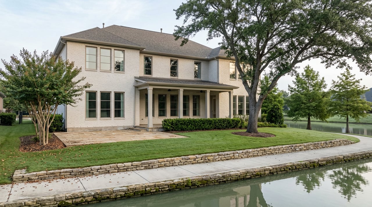 Brick home overlooks a broad lawn, stone patio, paved trail, and pond beneath mature trees.