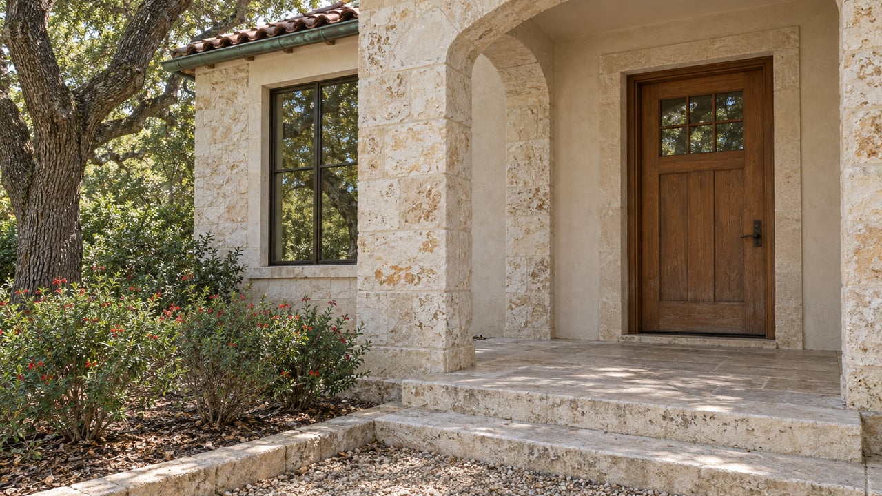 A shaded limestone porch with an arched entry, weathered oak door, bronze-framed window and mature oak beside a planted stone border.