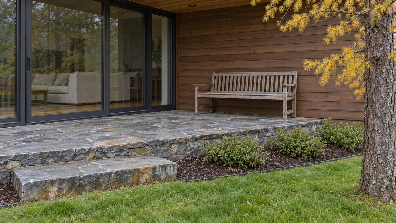 Weathered timber home with a glazed living-room door, raised stone porch, cedar bench, and yellow larch branches beside autumn planting.