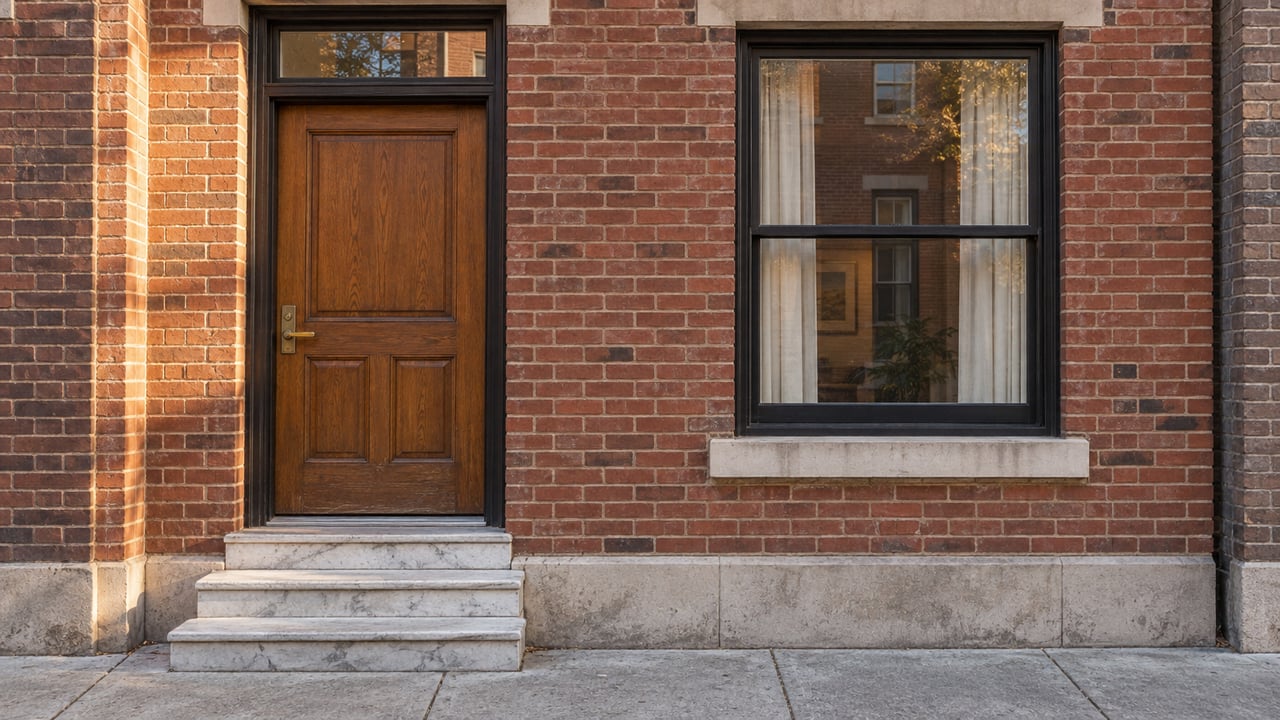 Late-afternoon light across a red-brick rowhome entrance, oak glazed door, broad sash window and worn marble steps.