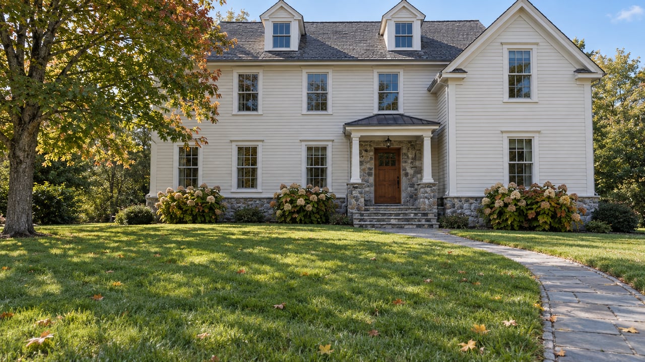 Ivory clapboard residence with gray gabled roofs, fieldstone entry, and a broad lawn beside a mature maple in early autumn.