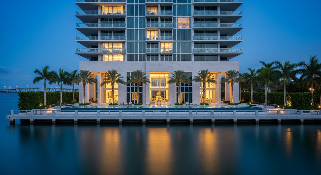 Modern waterfront high-rise with lit balconies, palm trees, and reflections on calm water at dusk.