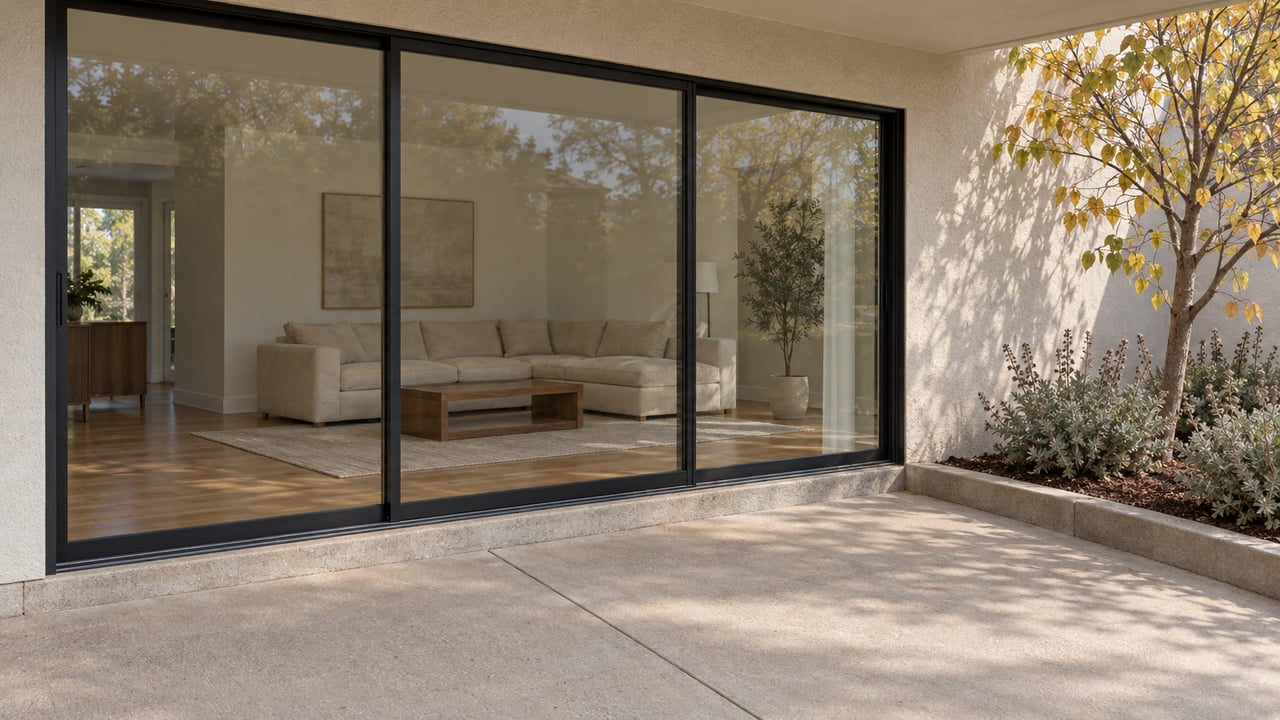 Morning light across a concrete patio and black-framed glass doors into a warm oak-floored living room, beside a redbud planting bed.