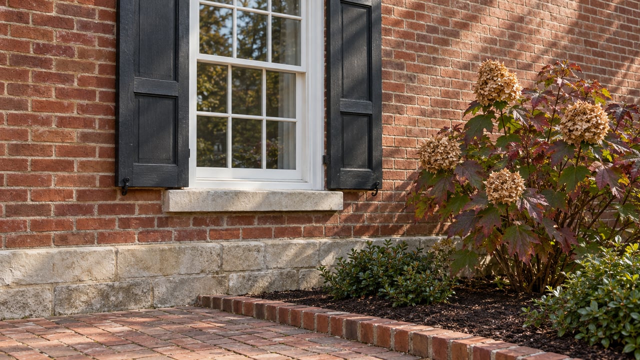 Red-brown brick house window with black shutters above a limestone foundation, clay-paver walk and autumn oakleaf hydrangea.