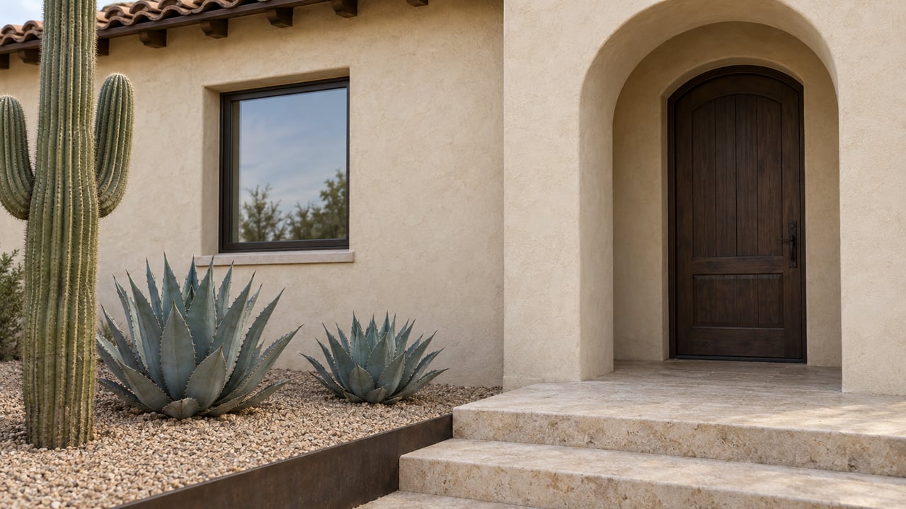 Stucco house entry with an arched timber door, limestone steps, saguaro, and agaves.