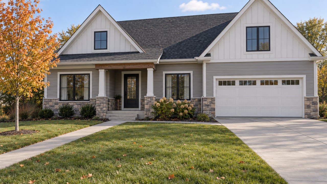 Gray home with white gables, stone accents, and a two-car garage beneath an orange autumn tree.