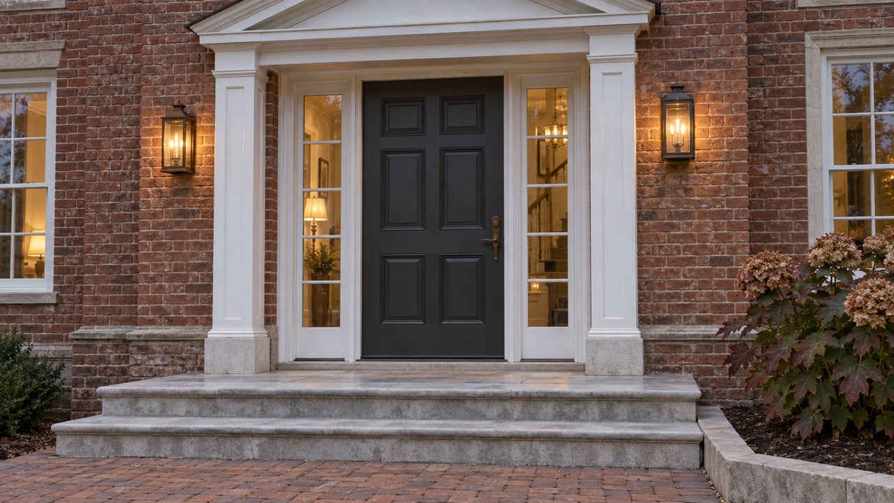 Brick home's formal entry at dusk with a charcoal door, paired sidelights, warm bronze sconces, limestone steps, and oakleaf hydrangea.