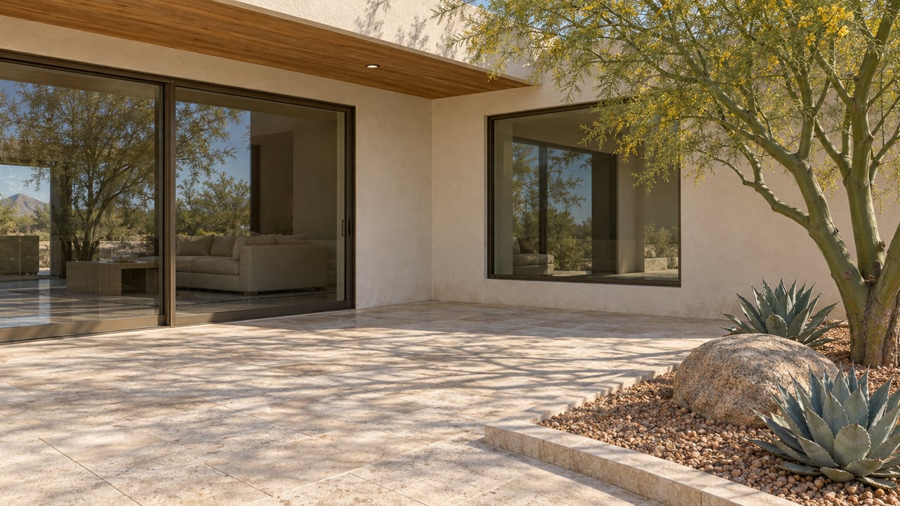 Cream stucco home with timber soffit and bronze-framed glazing beside a limestone terrace, blue palo verde tree and two compact agaves.