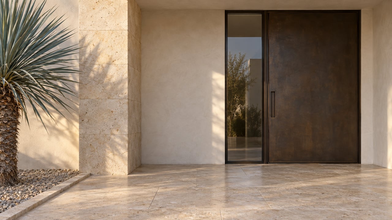 Contemporary home entry with a bronze door, narrow glass sidelight, limestone landing, and blue-gray yucca.