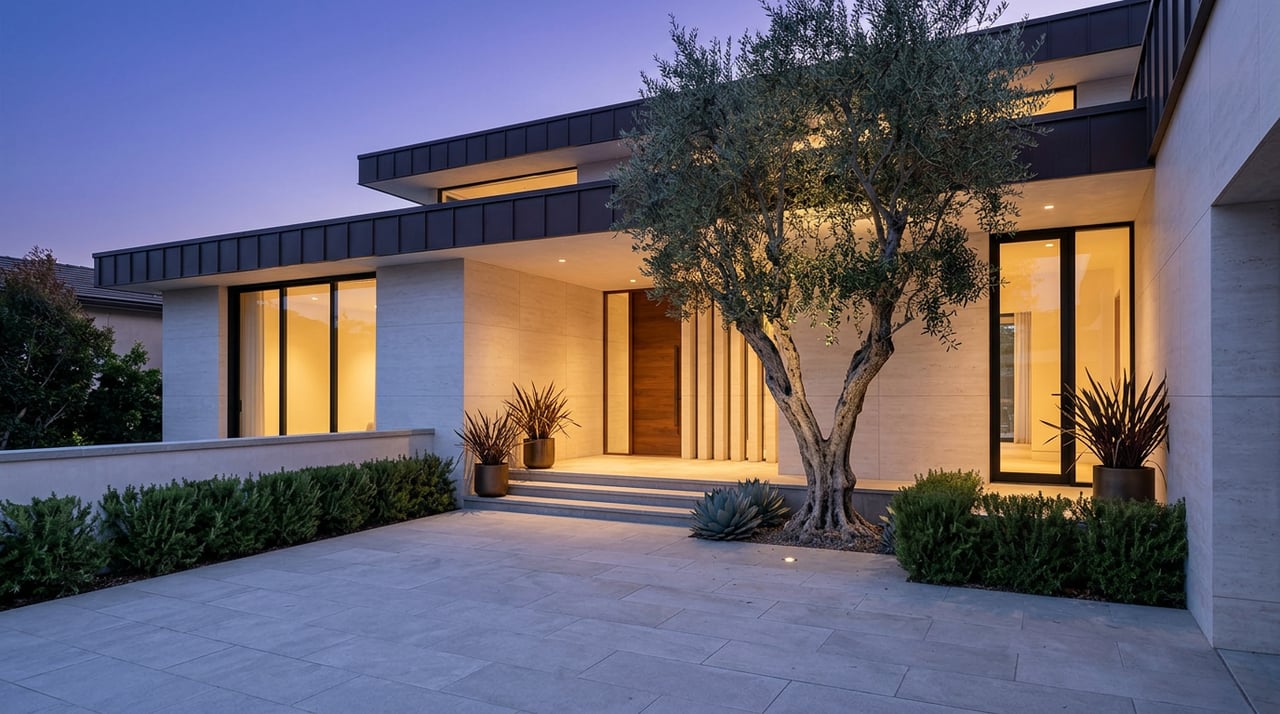 Contemporary stone residence with glowing glass doors, a mature olive tree, and bronze planters at twilight.