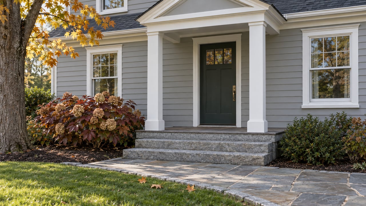 Gray clapboard home with a covered green front door, white columns, granite steps and autumn maple foliage.