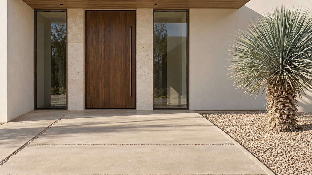 Contemporary home entrance with ivory stucco, a walnut door, bronze-framed windows and a sculptural blue-green yucca beside a broad concrete approach.