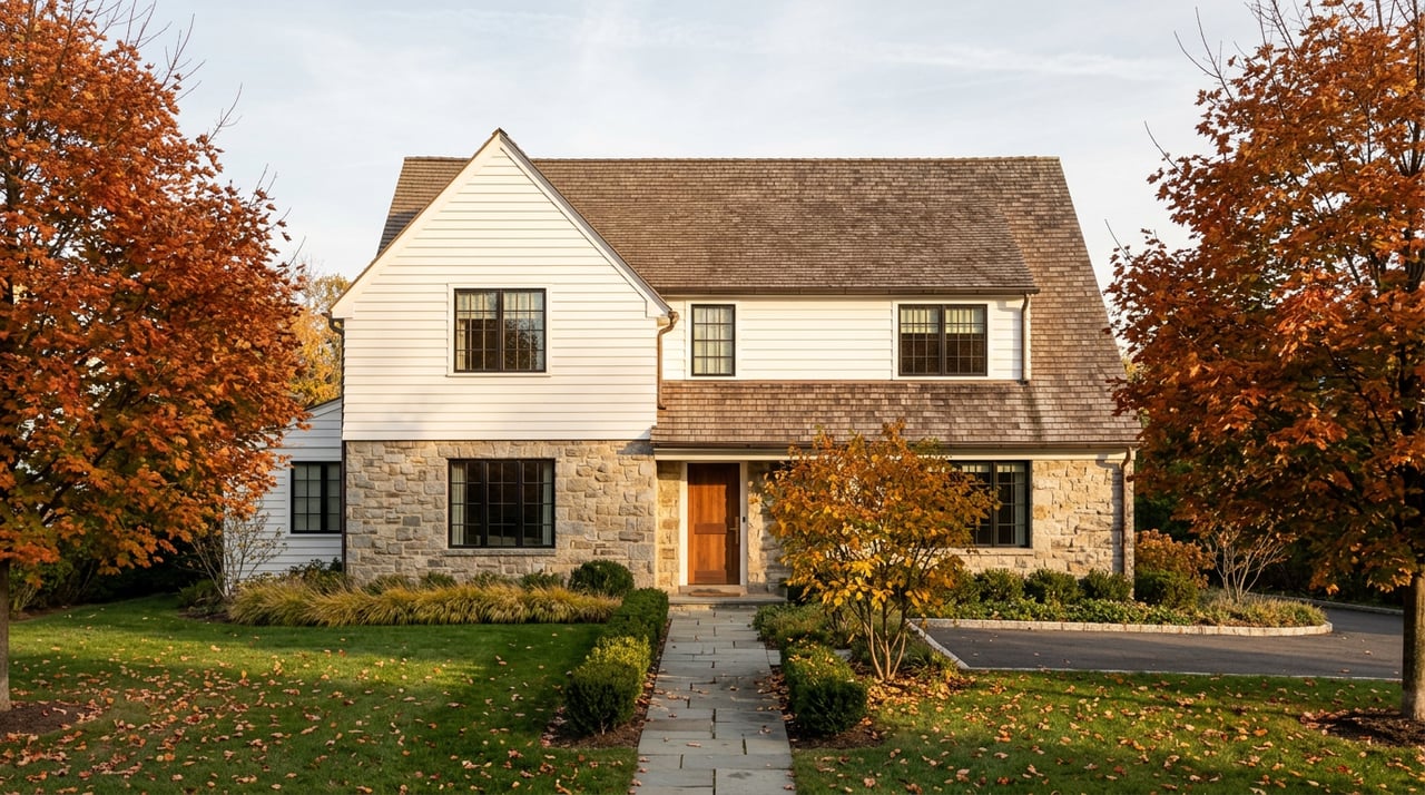 Two-story white clapboard and fieldstone house with a walnut door, orange-red maples, and fallen leaves.