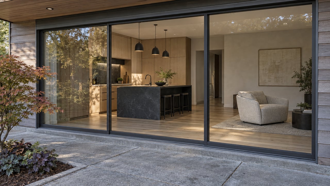 Covered patio beside a contemporary home, with closed glass sliders revealing oak cabinetry and a dark stone island, and a small autumn maple beside the paving.
