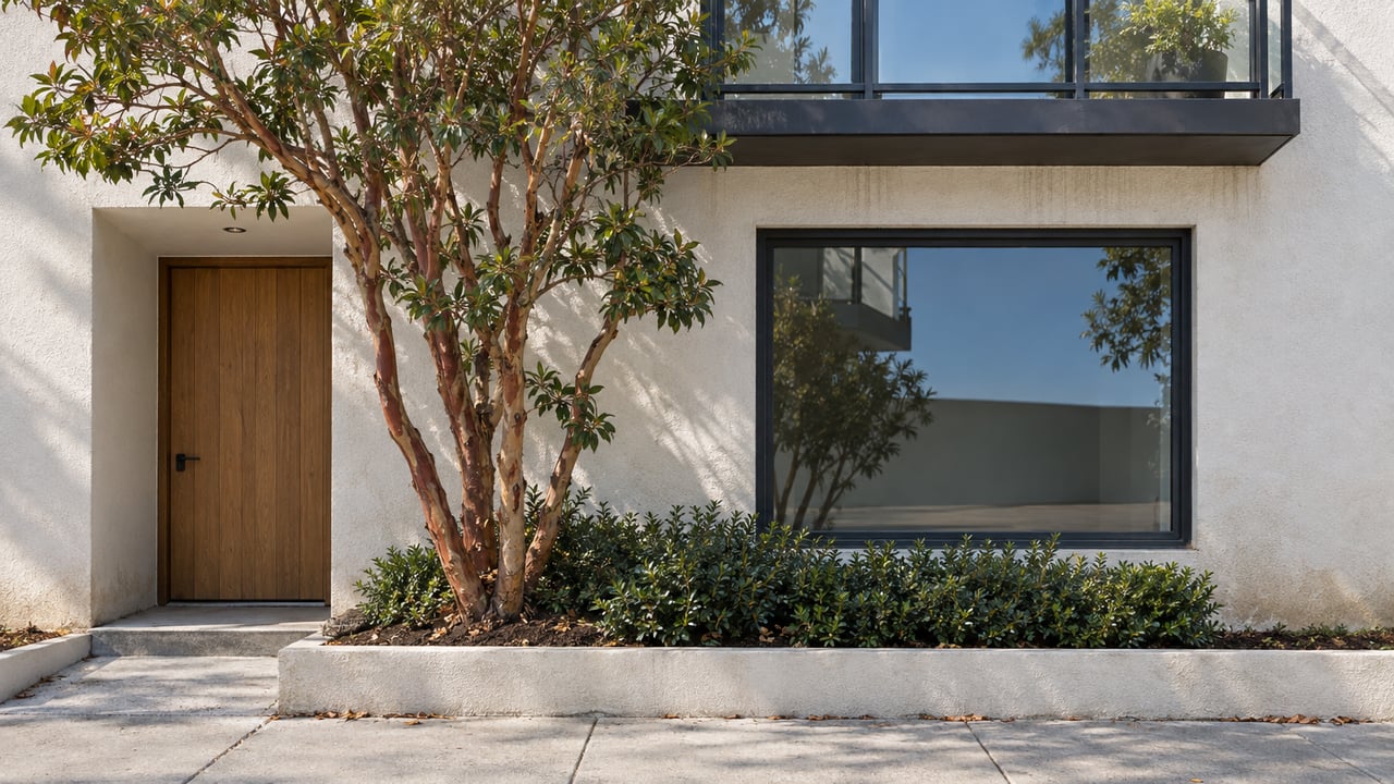 White stucco apartment facade with a wood entry, dark-framed window, balcony, and compact trees in a raised bed.