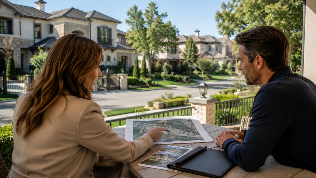 A luxury home buyer meeting with a real estate professional in an upscale community, reviewing neighborhood plans and property documents while surrounded by elegant homes and manicured landscaping, representing HOA fees, amenities, and community costs.